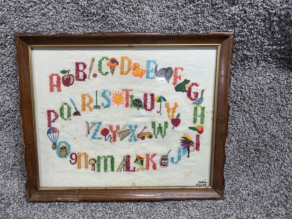 Antique Vintage Framed Bucilla Neddlecraft Alphabet Cross Stitch Crewl Art 1979